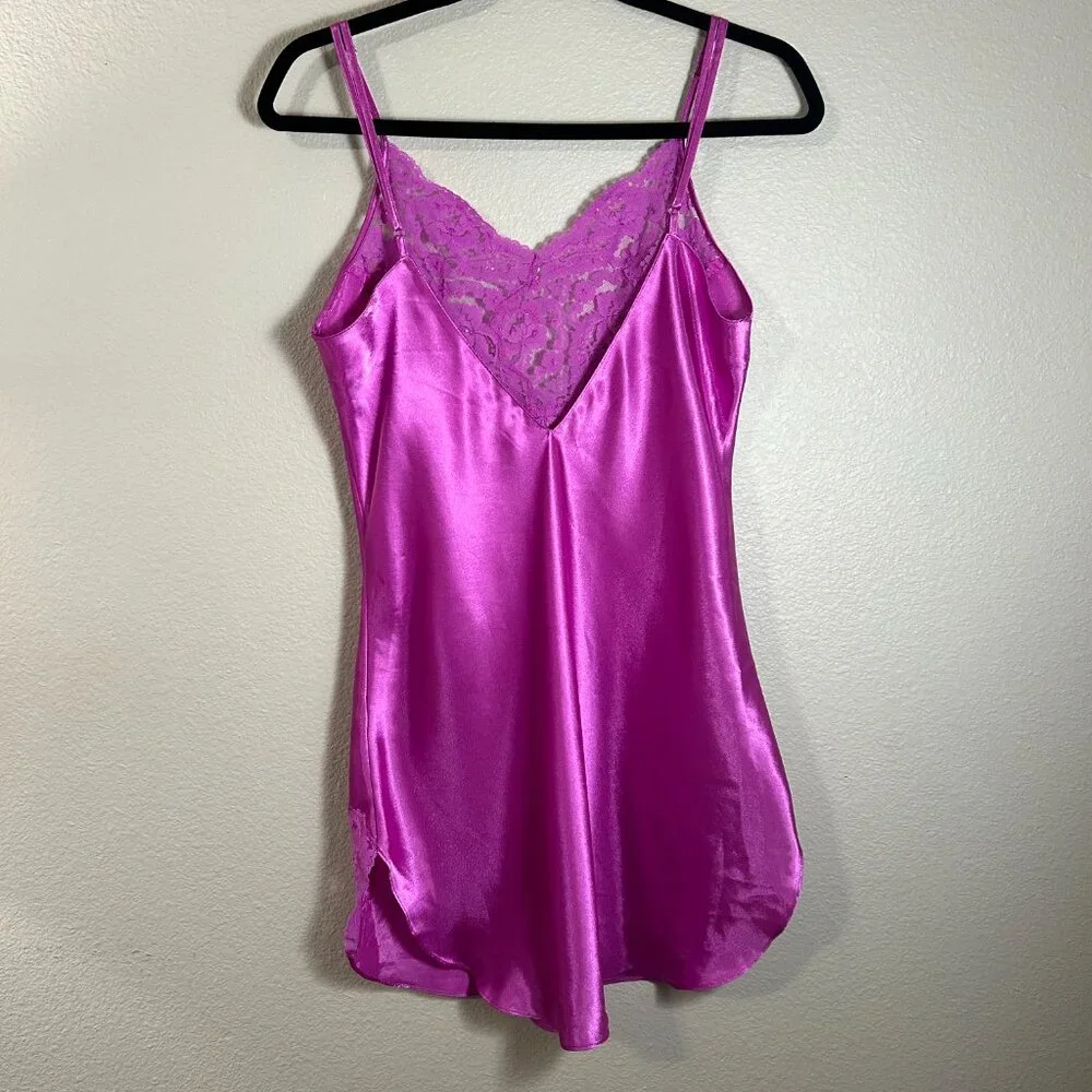Y2K Delicates Womens Magenta Satin Lace Sequin Beaded Chemise Nightgown Size M